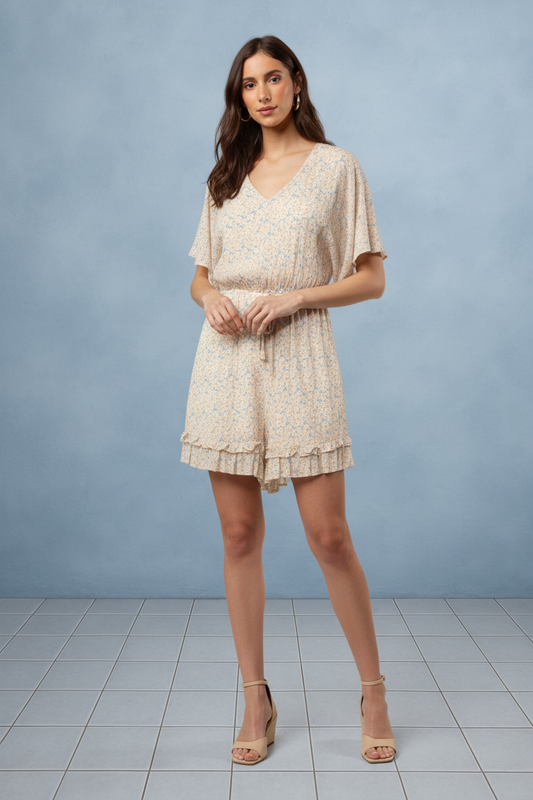 PETAL WHISPER RUFFLE TRIM V-NECK ELASTIC WAIST CREAM FLORAL ROMPER