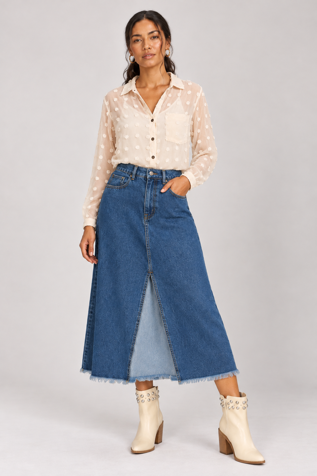 Patchwork Blues Button 2-Tone Denim Midi Skirt