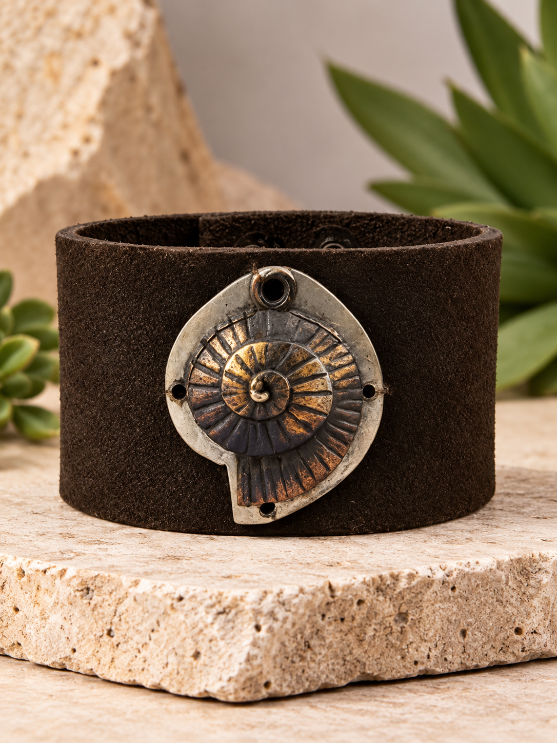 Ammonite Metal Leather Cuff Bracelet