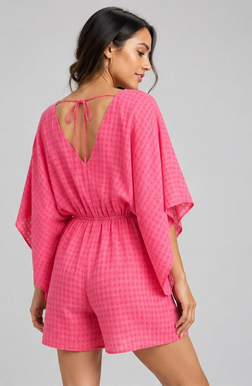 Bold print kimono romper with elastic waist