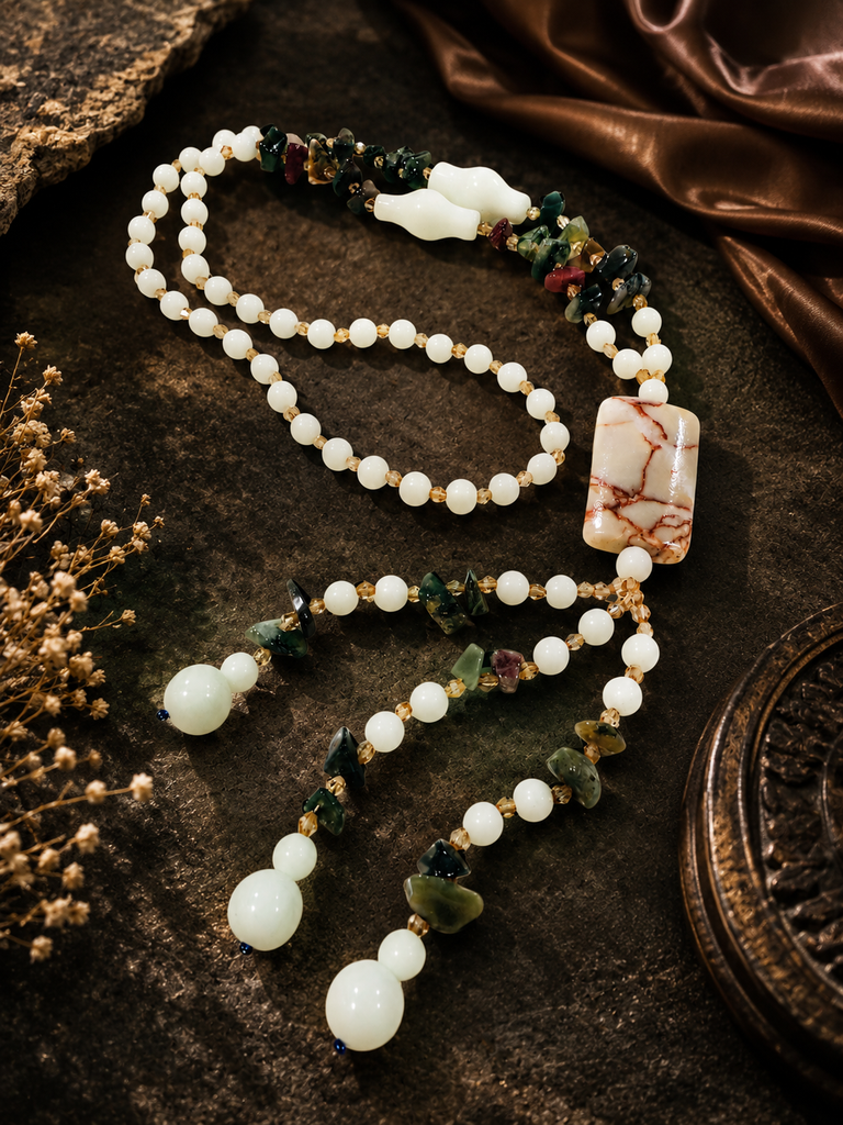 Moonstone Meadow lariat necklace with six natural crystals