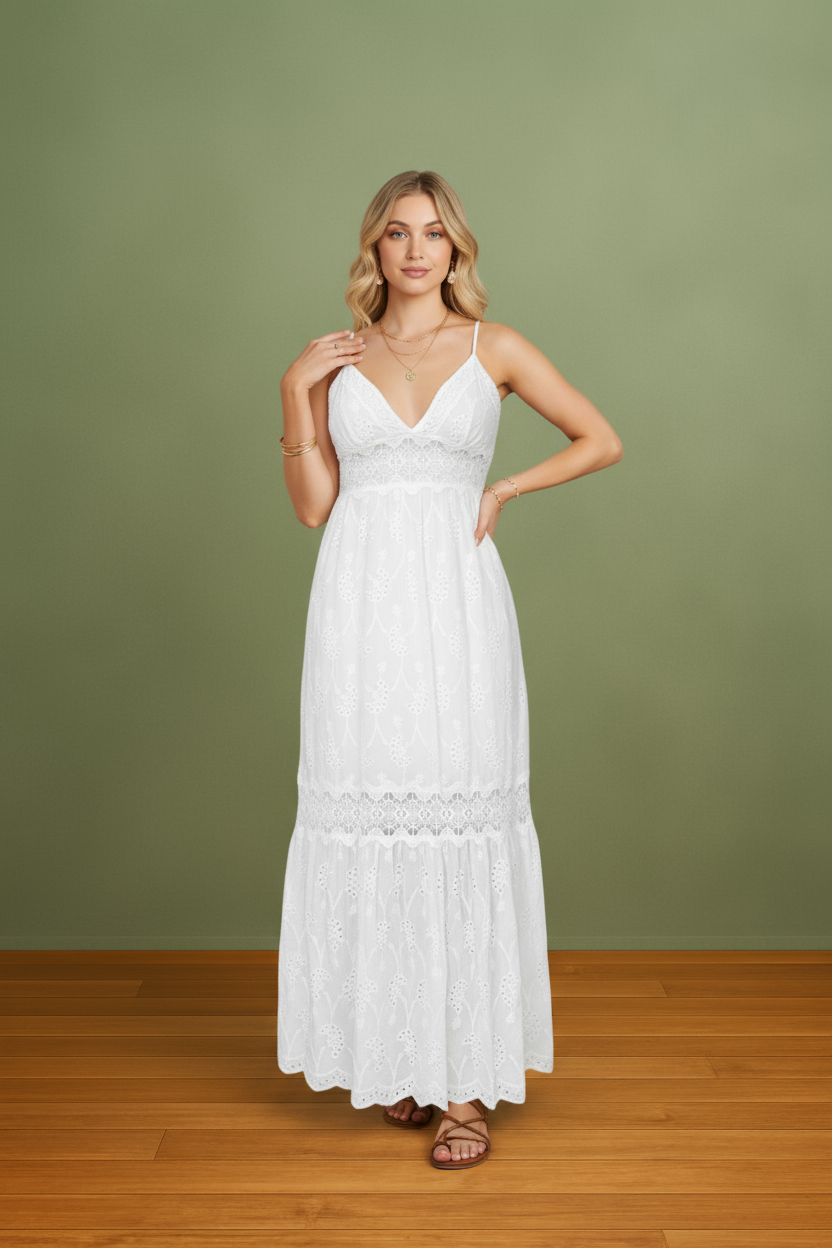 White Strapped Long Eyelet Dress