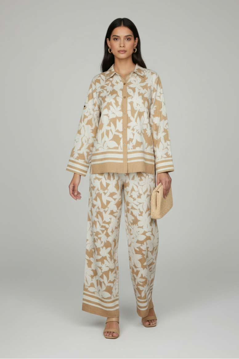 Floral button-down top and wide leg pants in beige
