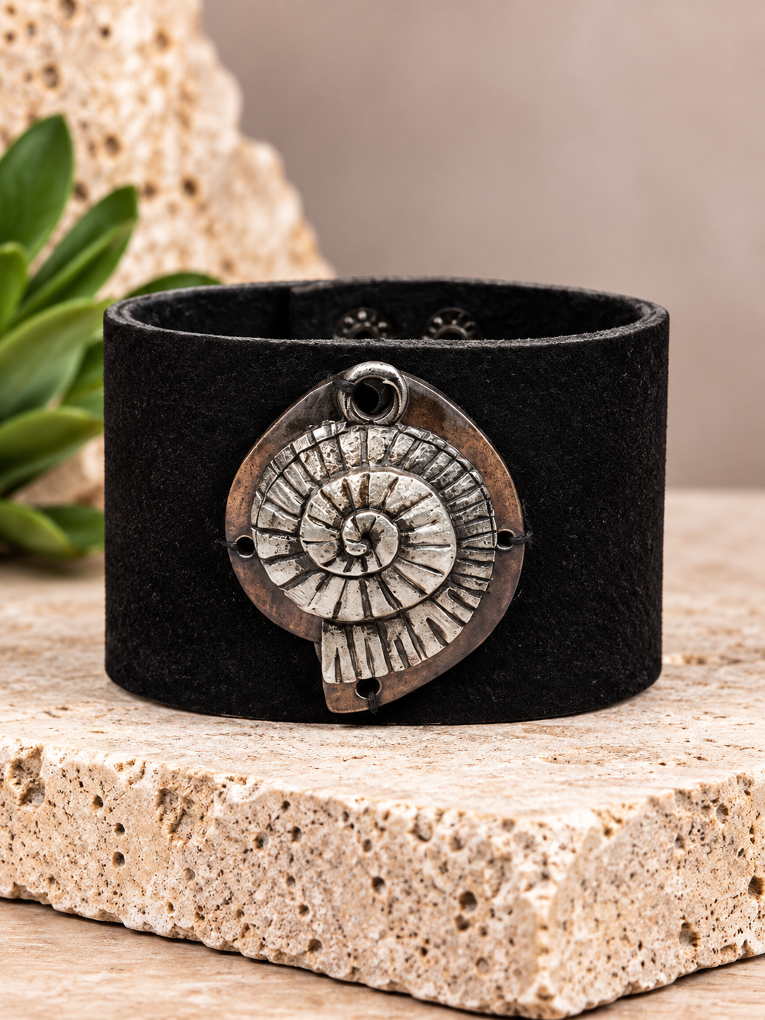 Ammonite Metal Leather Cuff Bracelet