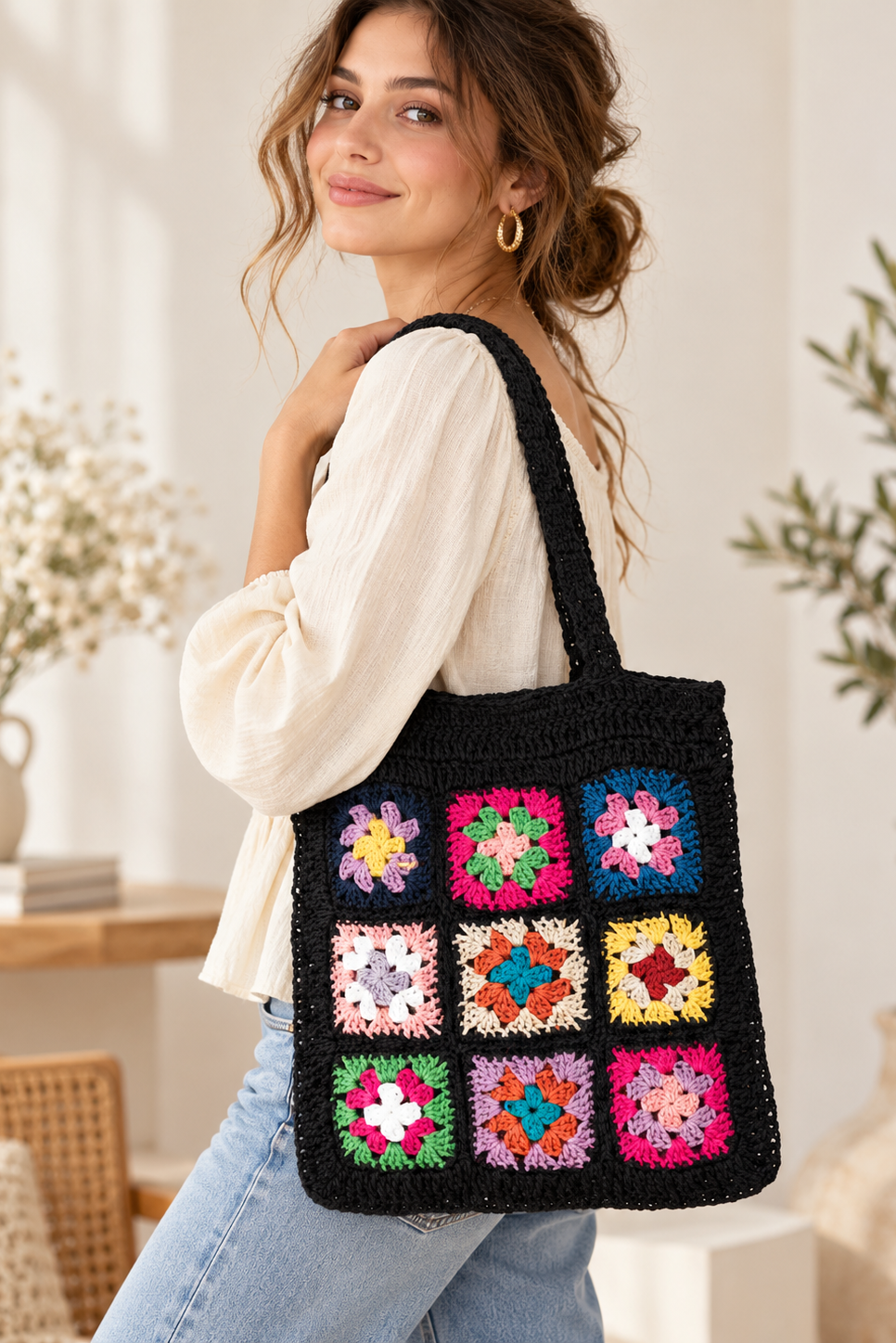 Boho Bloom Black Floral Patch Braided Straw Tote Bag