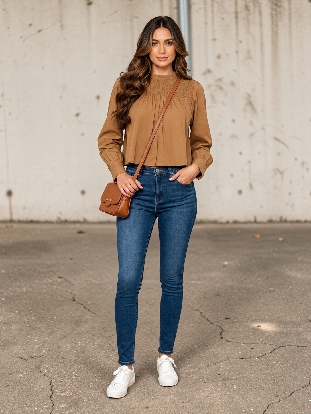 Mocha Muse Long Sleeve Smock Detailed Top