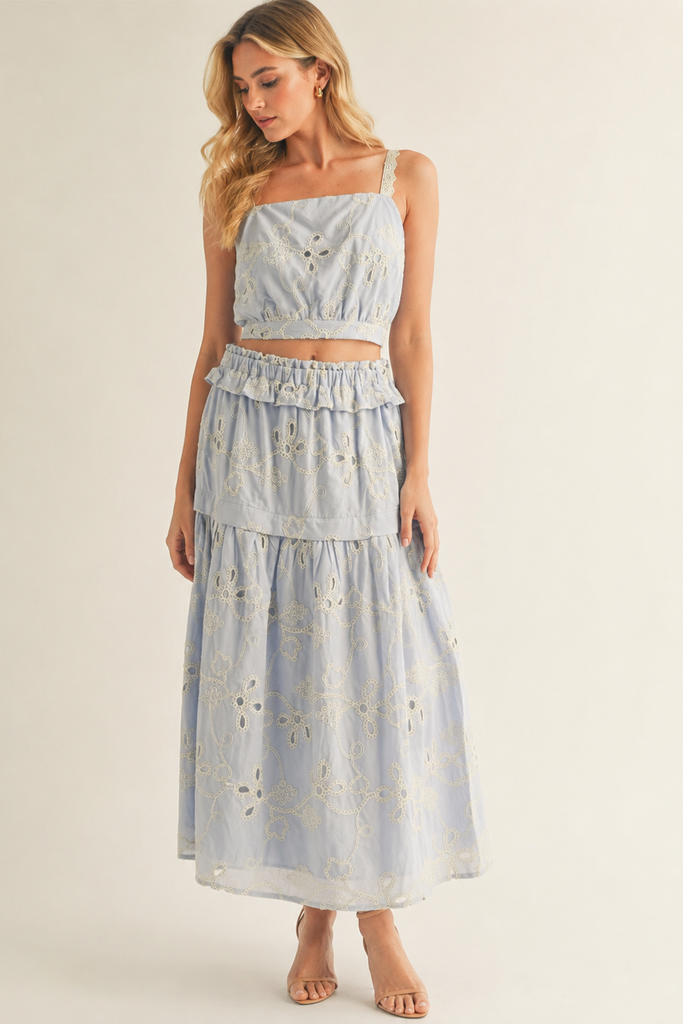 Bluebell Bliss skirt set with sleeveless crochet top and maxi skirt