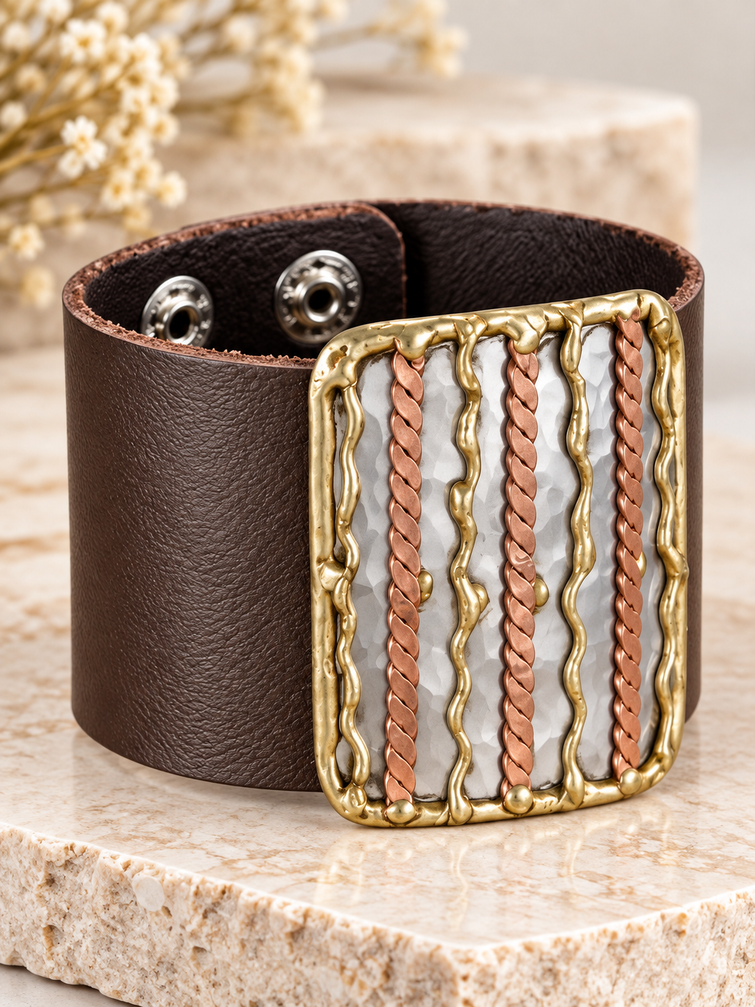 Rustic Ribbon Metal Leather Cuff Bracelet