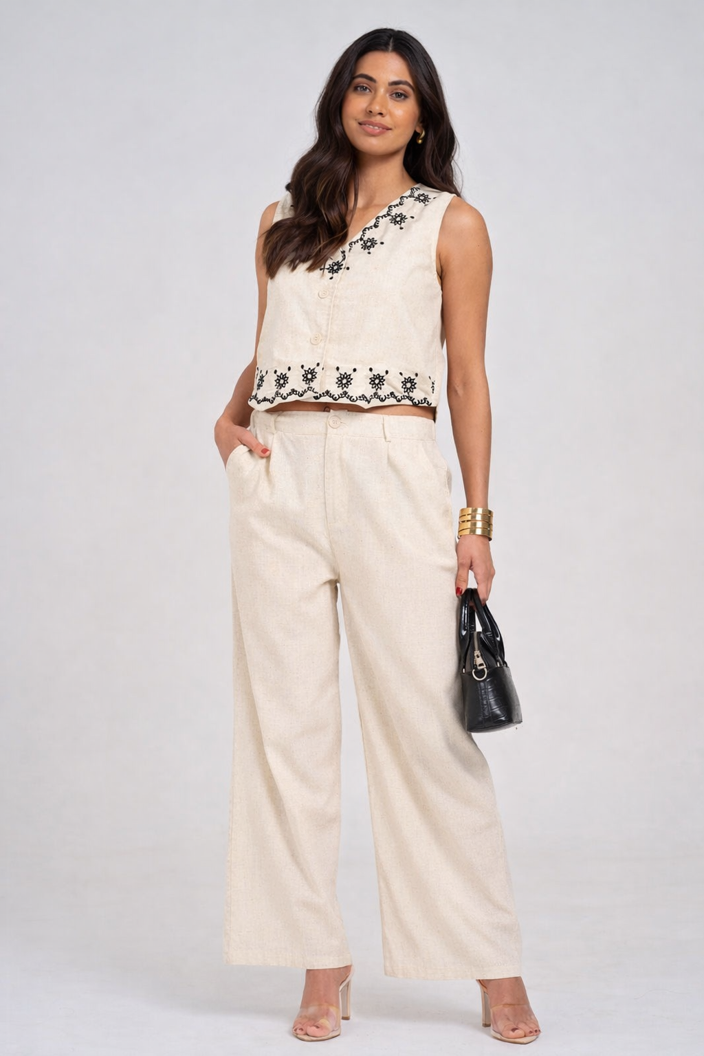 Santorini Coast Embroidered Wide Leg Pant  Linen Set