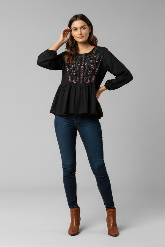 Floral embroidered peplum top with ruffled hemline