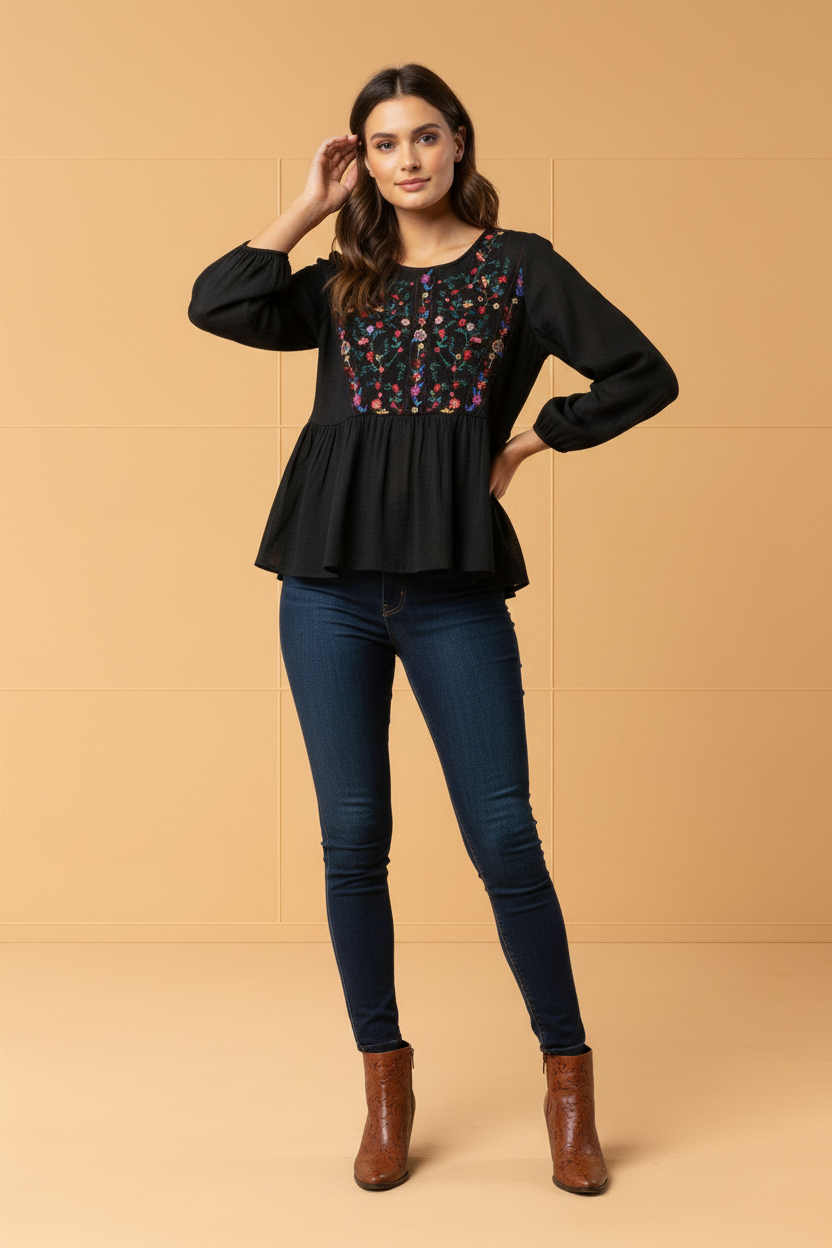 FLORAL GARDEN PEPLUM EMBROIDERED RUFFLE HEMLINE TOP