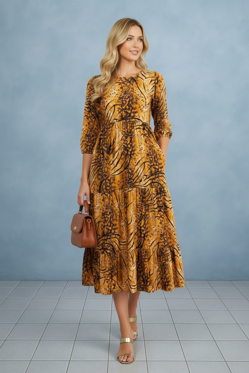 Tiger Print Blossom 3/4 Sleeve Front Pocket Tiered Midi Dress