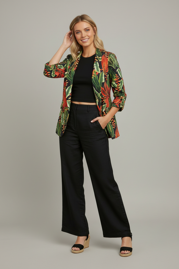 Red tropical floral open front 3/4 sleeve blazer