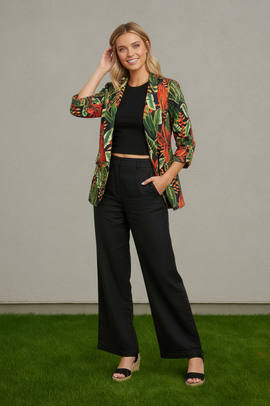 JUNGLE MUSE FLORAL OPEN FORNT 3/4 SLEEVE BLAZER