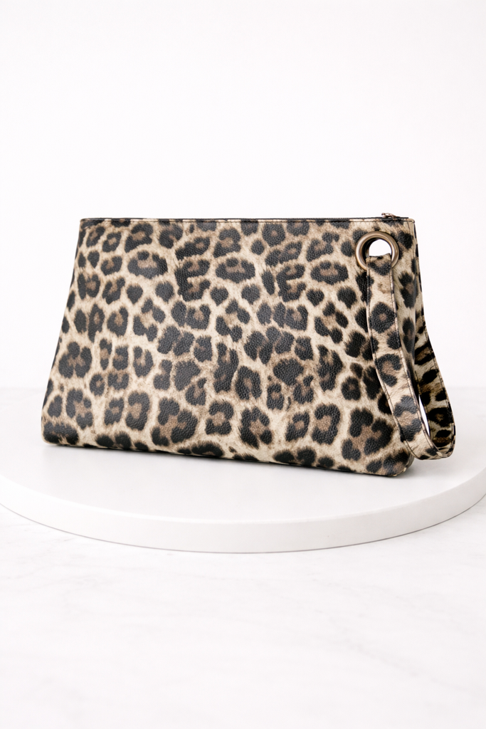 Leopard print oversized clutch with wristlet