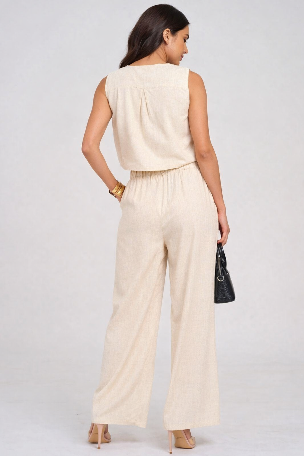 Santorini Coast Embroidered Wide Leg Pant  Linen Set