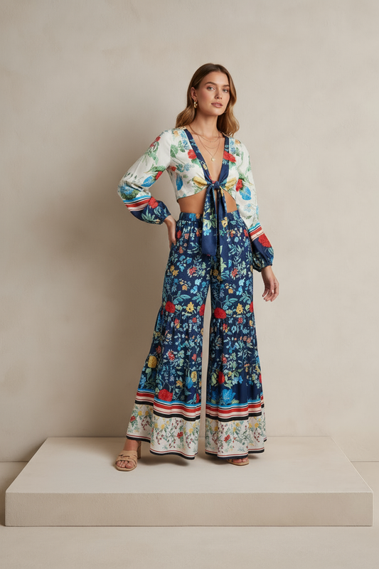 FLORA FANTASIA CROP TOP ELASTIC WAIST TIERED PANTS SET