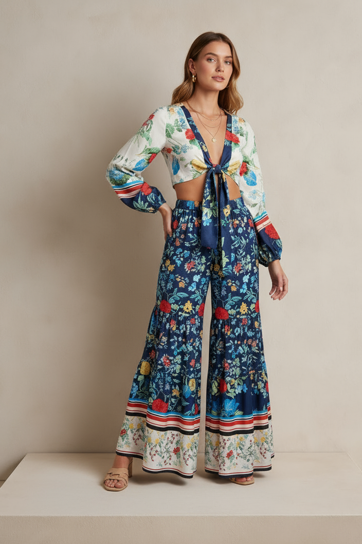 FLORA FANTASIA CROP TOP ELASTIC WAIST TIERED PANTS SET