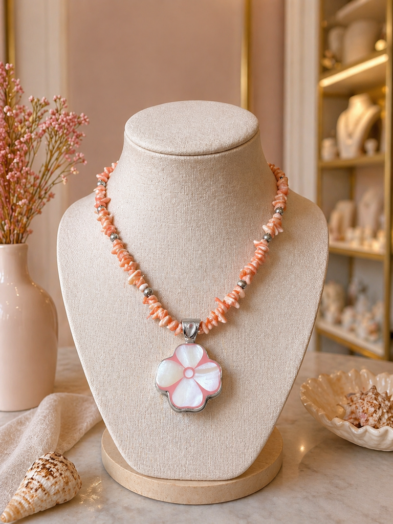 Blush Tide Blossom necklace with pink coral beads and pearl flower