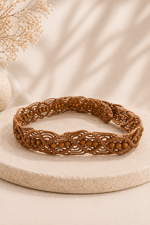 Macramuse beaded brown belt, close-up of buckle detail