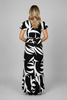 Monochrome abstract maxi dress with adjustable tie belt, styled