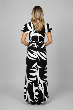 Monochrome abstract maxi dress with adjustable tie belt, styled