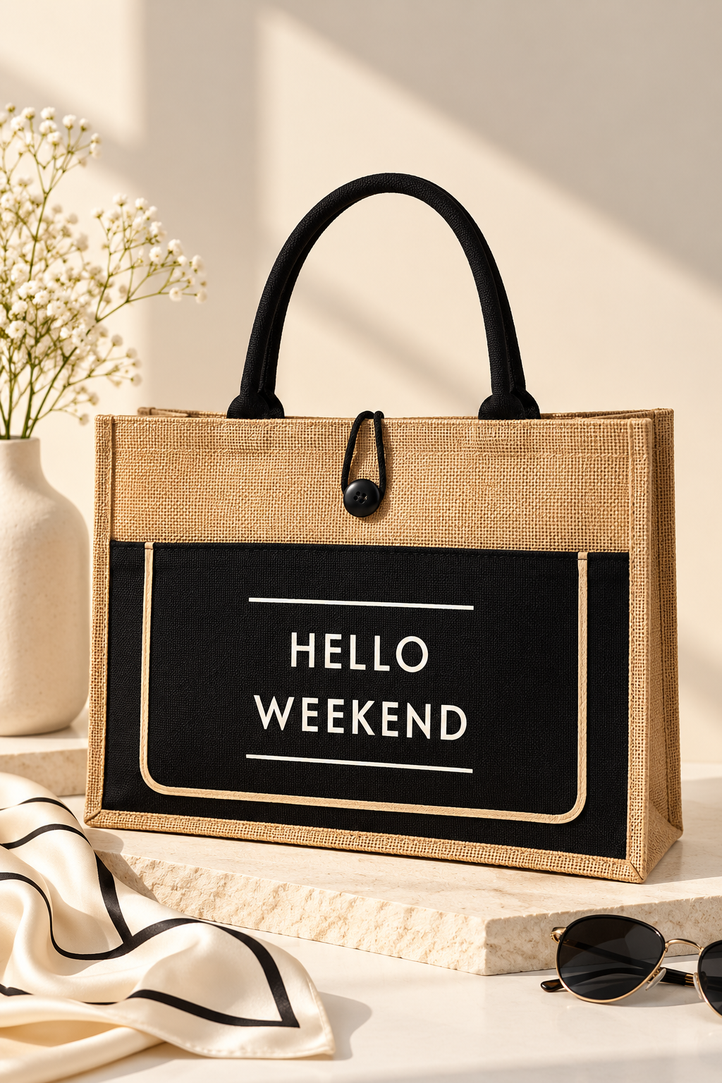 Hello Weekend Burlap Tote Bag