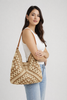 Two-tone raffia knit bag in brown and cream