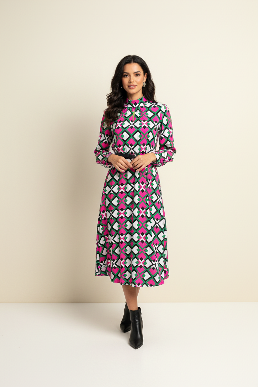 Mod Mosaic Midi Belted Dress