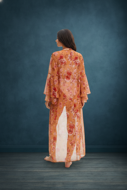 FLORAL RUFFLE SLEEVE OPEN FRONT FLORAL KIMONO/ SWIM COVERUP