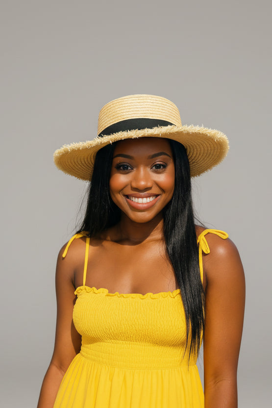 THE RIVIERA CHARM BLACK RIBBON RAFFIA SUN HAT