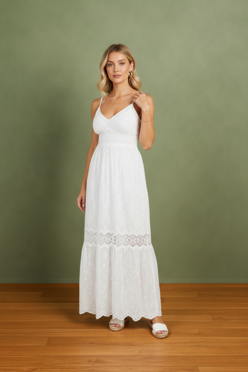 White Strapped Long Eyelet Dress
