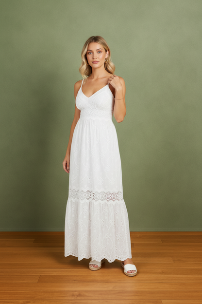 White Strapped Long Eyelet Dress