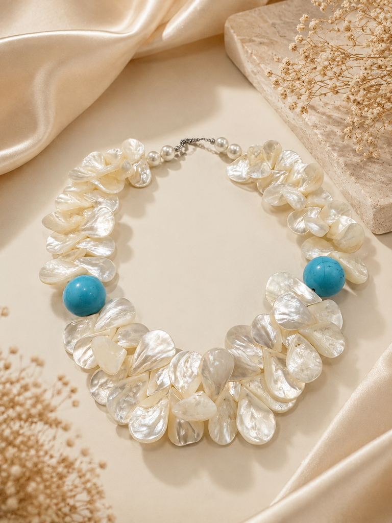 Mandalay Pearl Bloom necklace with freshwater pearls and turquoise
