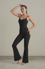 Black ribbed spaghetti strap flare leg yoga jumpsuit