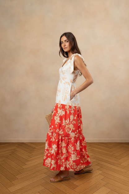 COLOR-BLOCK V NECK SLEEVELESS TIERED FLORAL PRINT MAXI DRESS