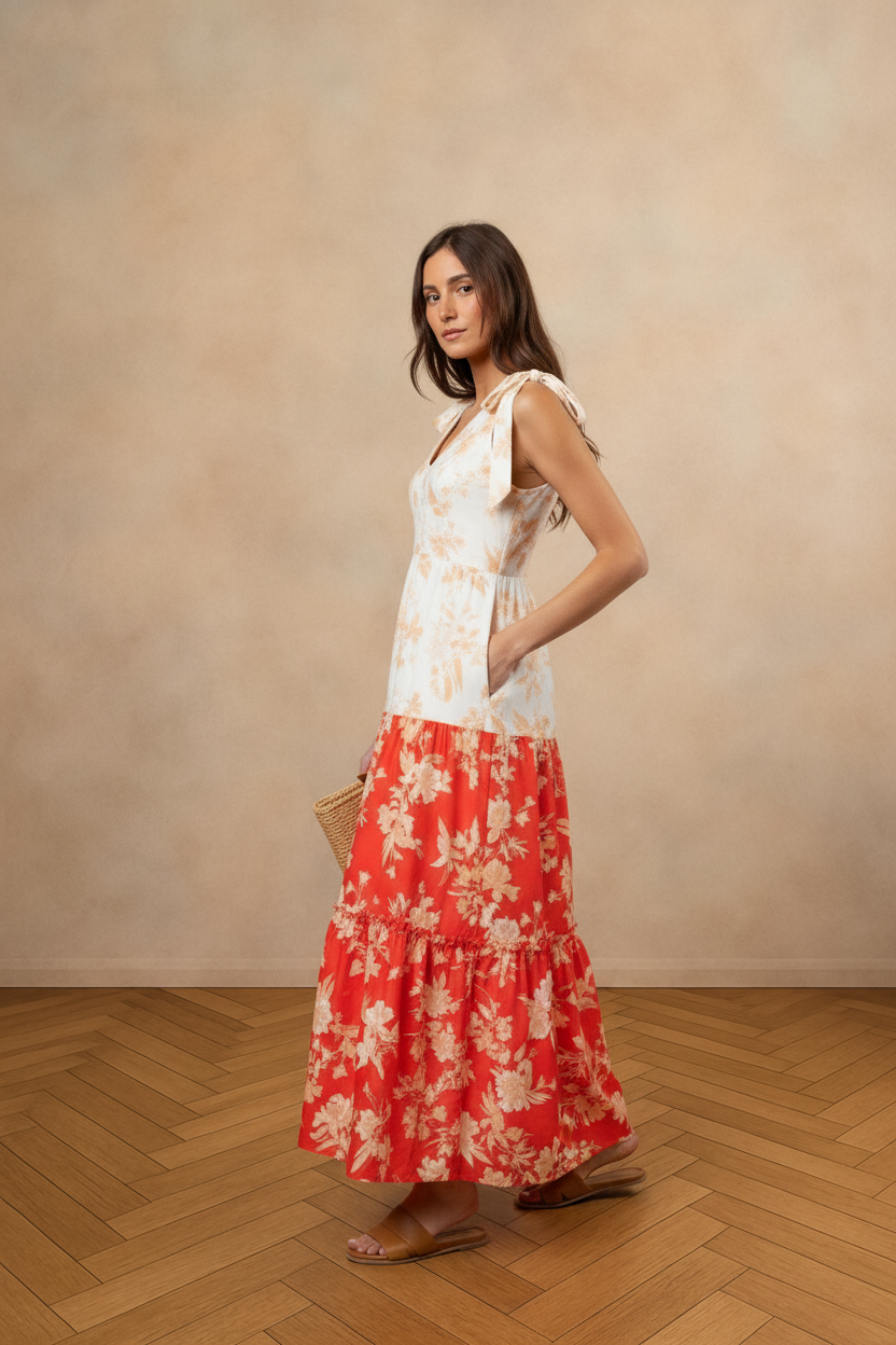 COLOR-BLOCK V NECK SLEEVELESS TIERED FLORAL PRINT MAXI DRESS