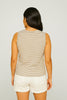 Brown white striped tank top, relaxed fit on model