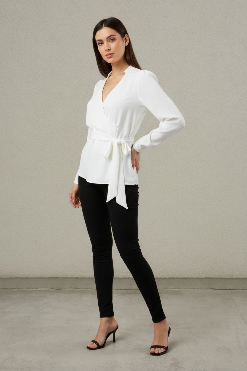 The Wrap & Go Self Belt Mandarin Collar Shirt