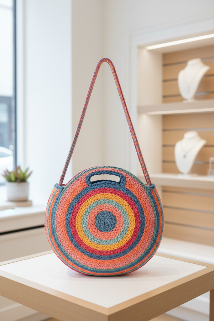 Bohemian braided round jute multi color tote bag