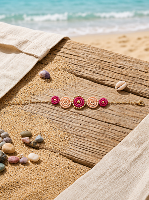 Handmade pink beaded necklace in soft coastal tones, front view