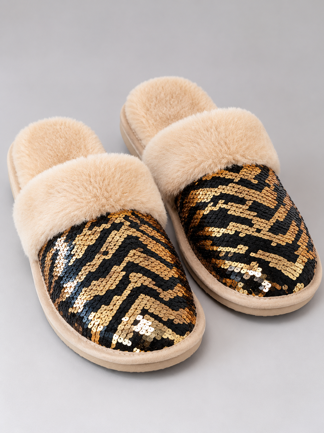 Zebra Faux Fur Sequin Slippers