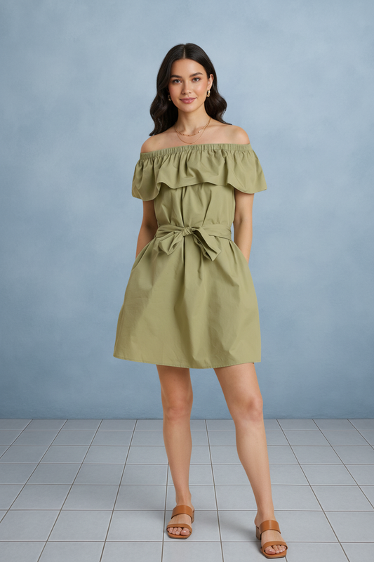 Ruffle Off Shoulder with Self Tie Sash Dress