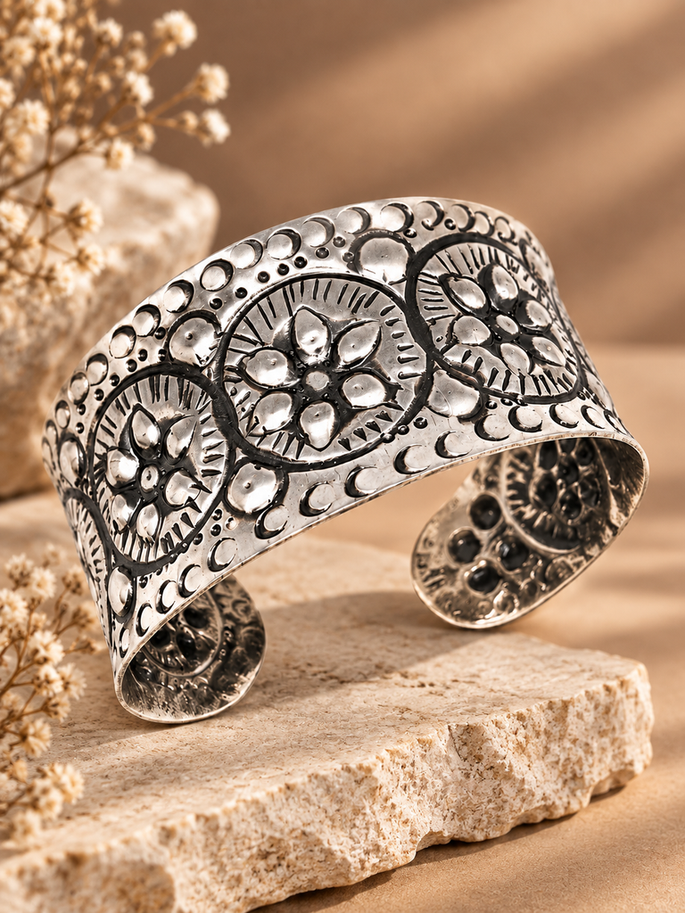 Silver Moonlight Floral Cuff Bracelet