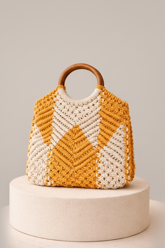 Knotted macrame bag with wooden handle in mustard and cream