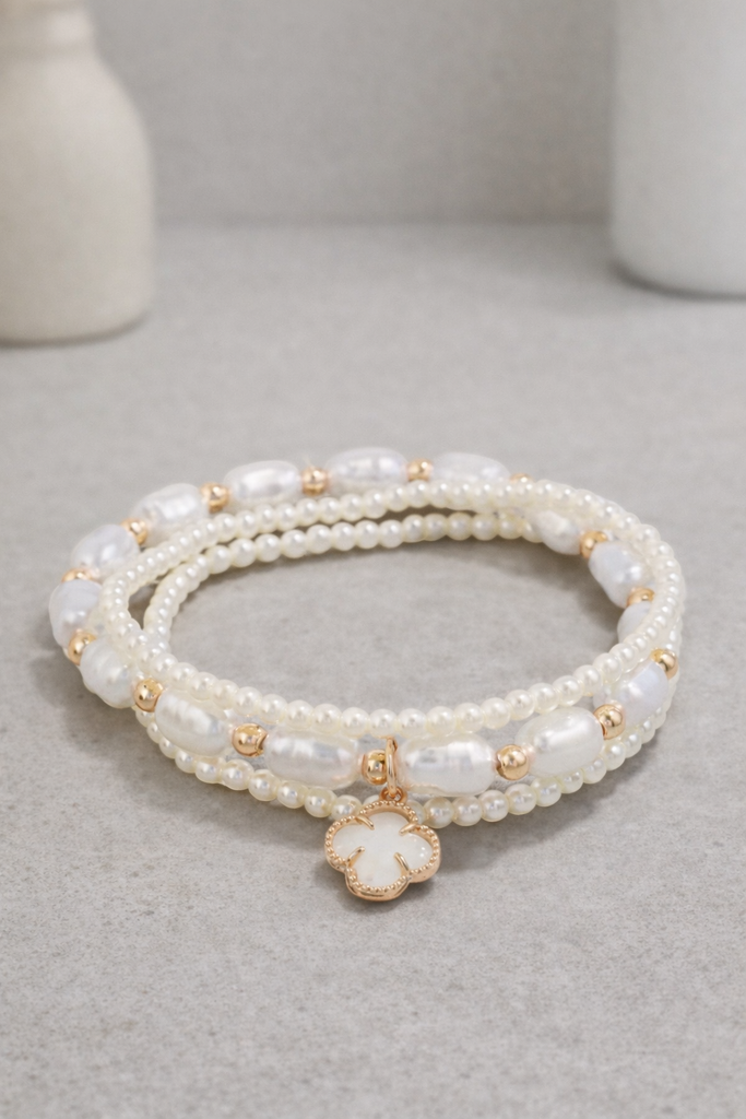 Glass clover charm mixed pearl beaded bracelet set