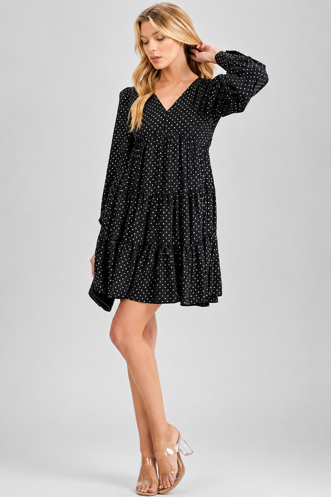 Black multi-color polka dot tunic mini dress, front view
