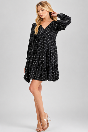 Black multi-color polka dot tunic mini dress, front view