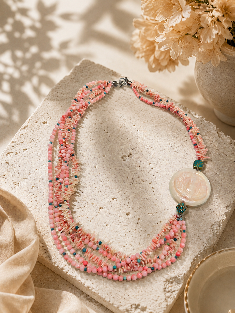 Blush Tide necklace with pink coral, jade, and turquoise beads
