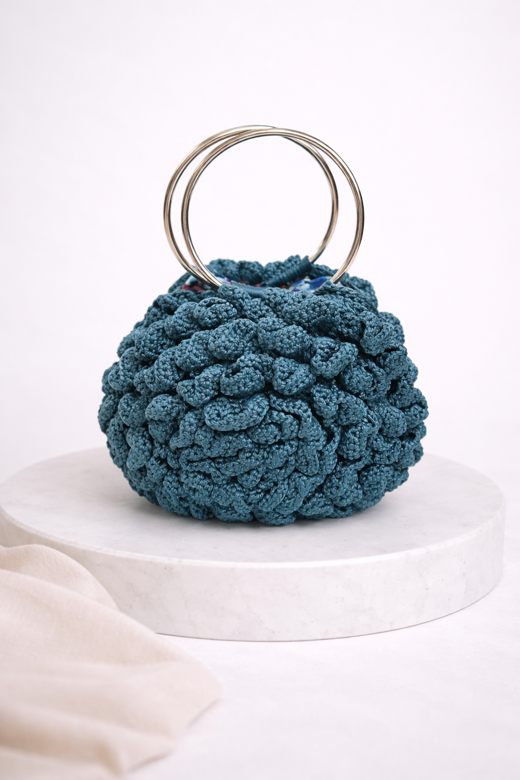 Hand- Knitted Halo Embossed Rose Bag w/ Steel Handles